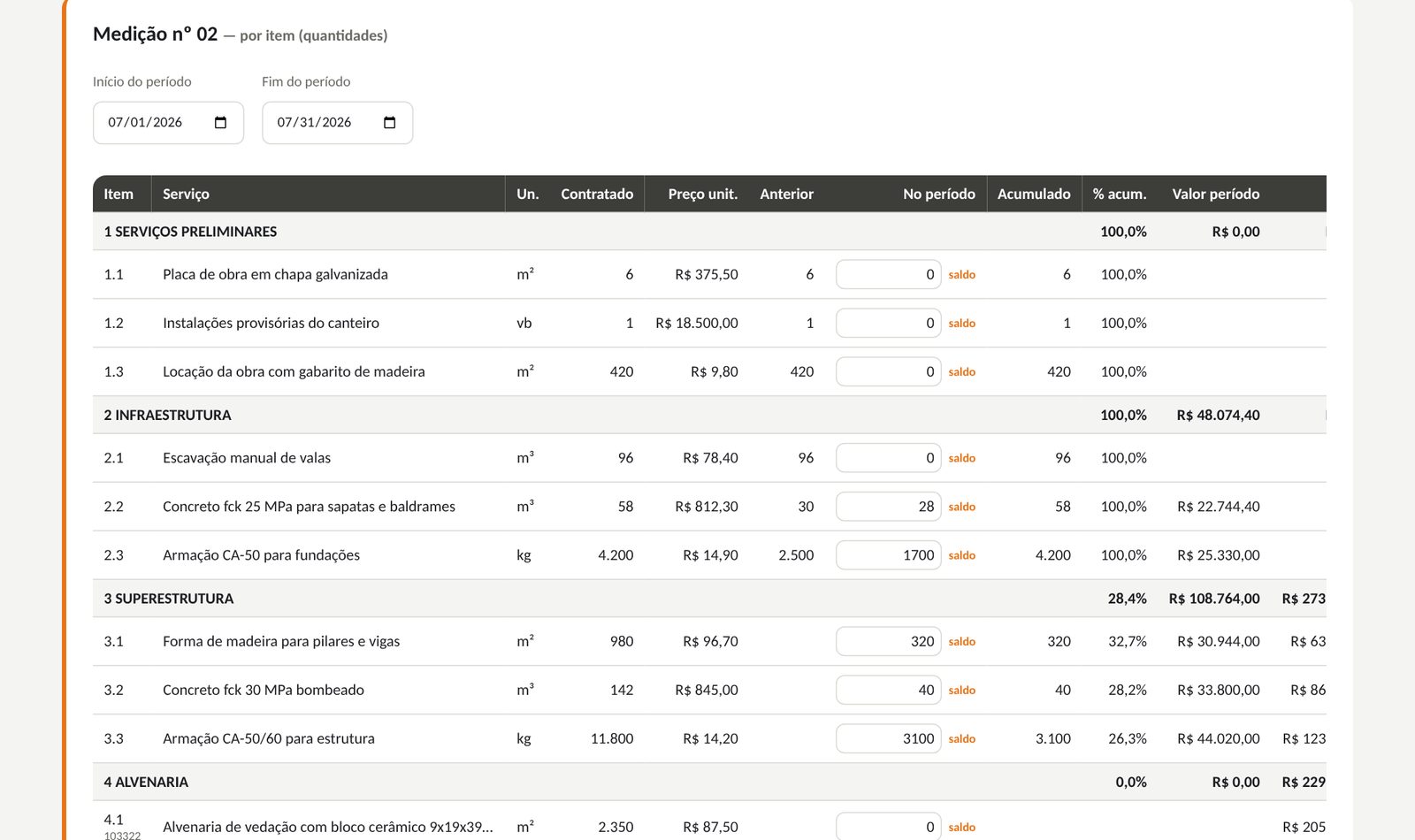 Tela de medição ao cliente por item, com quantidades do período, acumulado e valores
